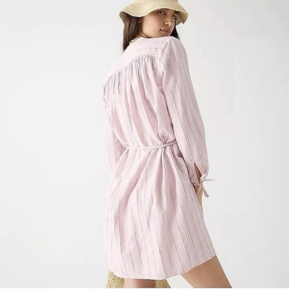 J.Crew Pink Striped Bow Tie Long Sleeve Cotton Poplin Dress M-L Cottage Vintage - Picture 2 of 16